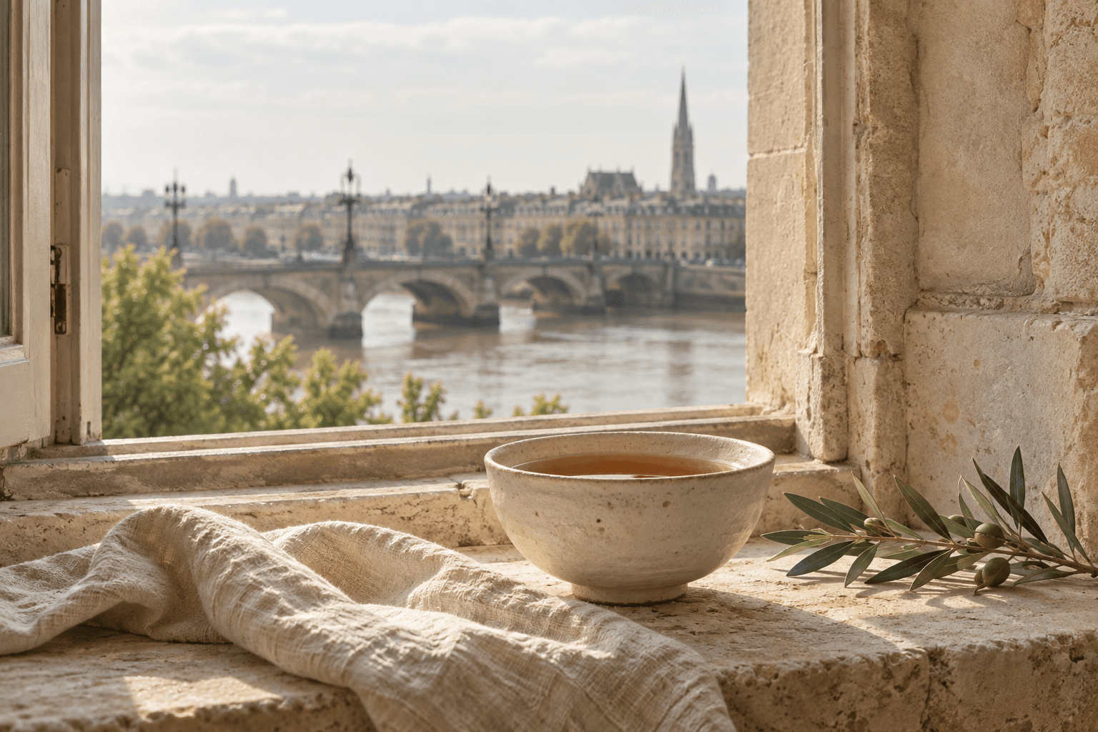 Nature morte : un bol en céramique et du lin devant une vue imaginée de Bordeaux.